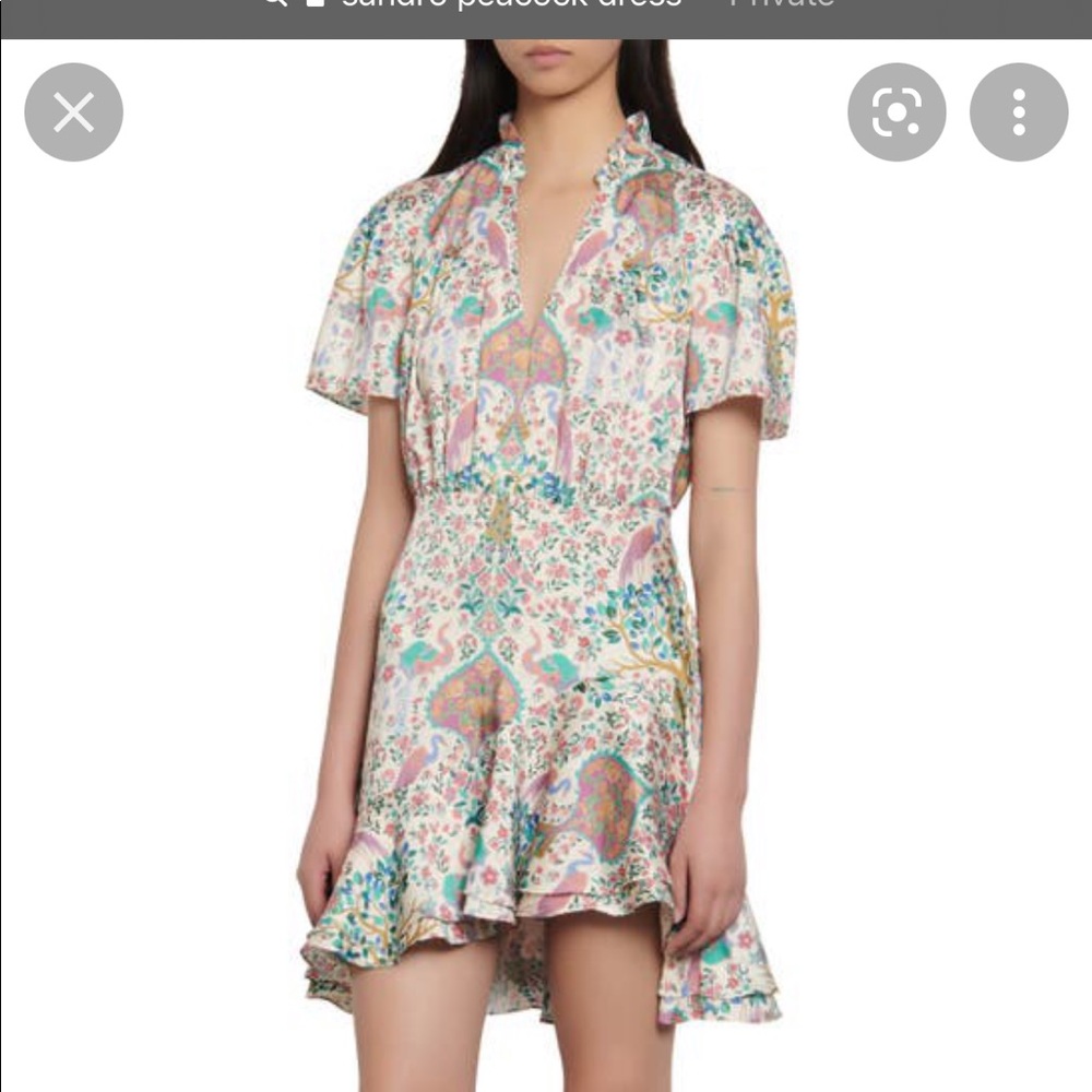 Sandro-Ivory-Short-Printed-Peacock-Ruffle-Dress